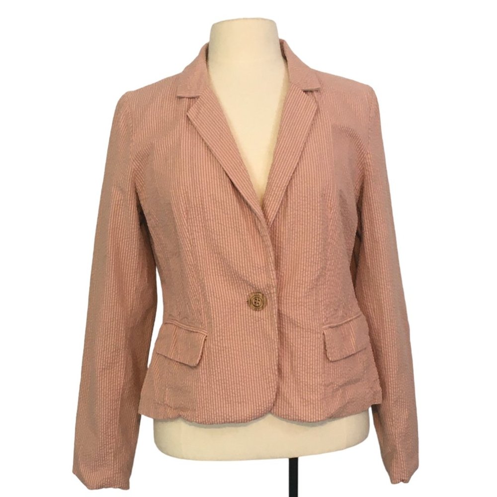 Cousin Earl Womens Pink Tan Seersucker Blazer, Jacket, Notched Lapel, Pockets, M